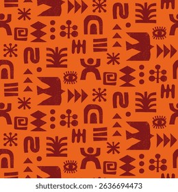 Seamless tribal pattern with abstract geometric symbols on orange background. African ethnic motifs in hand drawn style for textile or packaging design. Decorative vector illustration.