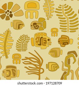 seamless tribal pattern with aquatic animals and plants, vector