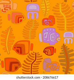  Seamless tribal pattern with aquatic animals and plants - vector