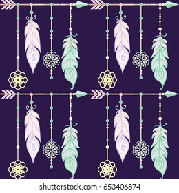 SEAMLESS TRIBAL PATTERN - BACKGROUND WITH ARROWS AND FEATHERS - DREAM CATCHER - HAND DRAWN VECTOR ILLUSTRATION