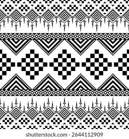 A seamless tribal pattern in black and white, combining checkered diamonds, stripes, and triangles. Perfect for textiles, backgrounds, and ethnic-inspired designs.