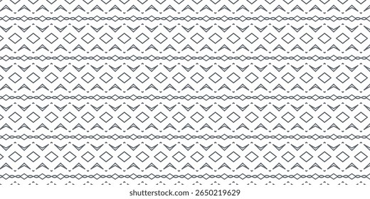 Padrão tribal contínuo com elementos de diamante e divisas em tons monocromáticos. Perfeito para design têxtil, papel de parede ou decorativo.