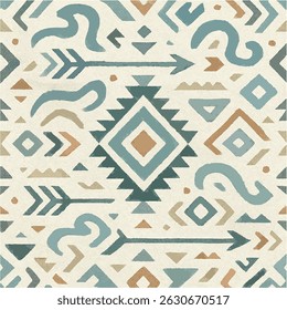 Seamless tribal pattern in earthy tones featuring ethnic Aztec and geometric elements. This hand-drawn style digital background includes arrows, diamonds, and abstract shapes in muted blue, brown, and