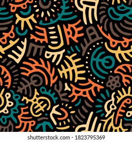 Seamless tribal pattern. Ethnic and aztec motifs. Patchwork ornament painted on a black background. Vector illustration.