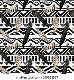 Seamless tribal pattern with feather 