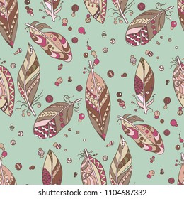 Seamless tribal   pattern with feathers and beads in vector graphic illustration in native tribal style in marine and blue and pastel colors