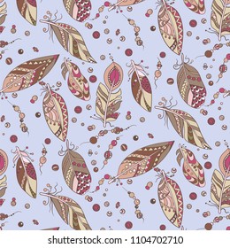Seamless tribal   pattern with feathers and beads in vector graphic illustration in native tribal style in marine and blue and pastel colors