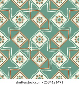 A seamless tribal pattern featuring intricate geometric shapes in earthy green, orange, and beige tones, inspired by traditional design motifs