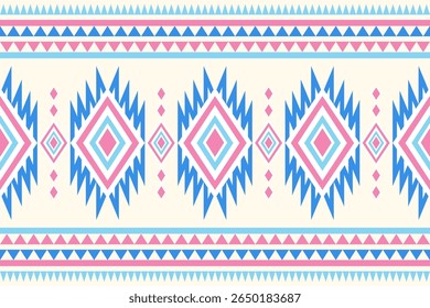 A seamless tribal pattern featuring repeating diamond and zigzag motifs in a pastel color palette of pink blue and cream