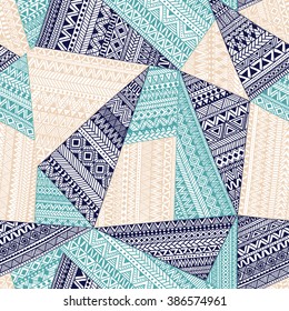 Seamless tribal pattern. Geometric ornament hand drawn. Blue and white patchwork vector illustration.