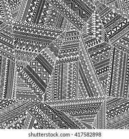 Seamless tribal pattern. Geometric ornament hand drawn. Black and white patchwork vector illustration.