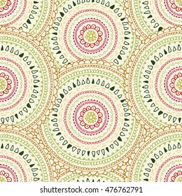Seamless tribal pattern. Hand drawn colorful background. Abstract doodle geometric print. Circle of the lines. Mandala. Zentangle. Can be used for wallpaper, cloth design, fabric, paper, cover, textile