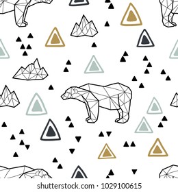 Seamless tribal pattern with low poly polar bears and triangles. Kids and baby fashion fabric design. Vector illustration.