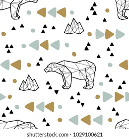 Seamless tribal pattern with low poly polar bears and triangles. Kids and baby fashion fabric design. Vector illustration.