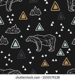 Seamless tribal pattern with low poly polar bears and triangles. Kids and baby fashion fabric design. Vector illustration.