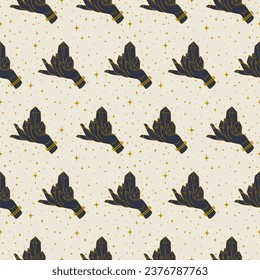 Seamless tribal pattern with mystic hands on beige background. Mystic wallpaper, Halloween art.