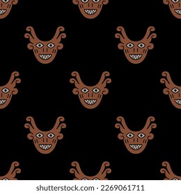 Seamless tribal pattern with Native American masks. Ethnic design of Nazca Indians from ancient Peru. On black background.