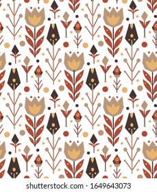 Patrón tribal sin problemas en un fondo blanco. Tulipanes y ramas con hojas y puntos. Plantilla vectorial nativa para papel pintado, textil, tarjeta y tu creatividad