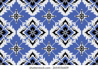 Modelo tribal inconsútil en estilo del arte del pixel que presenta Formas geométricas audaces en azul, negro y blanco. Perfecto para el diseño textil, streetwear, estampados digitales, moda de inspiración étnica y artesanías modernas.