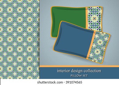 Seamless tribal pattern and set of 2 matching decorative cushions, pattern swatch included in file, for interior design, home decor. Vector illustration 