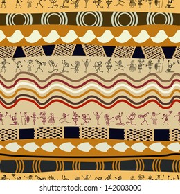 Seamless  tribal pattern with silhouettes of the primitive people