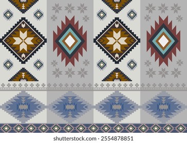 Seamless Tribal Pattern with Vibrant Colors Geometric Textile Design in Blue, Grey,  Vintage Native American Inspired Pattern Modern Ethnic Pattern for Background Aztec Inspired Geometric Pattern