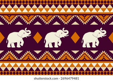 Patrón tribal sin fisuras con elefantes blancos y Formas geométricas en tonos naranja, crema y púrpura oscuro, ideal para textiles, Fondo de pantalla o diseño decorativo étnico.