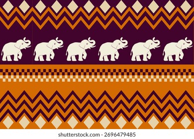 Patrón tribal sin fisuras con elefantes blancos y Formas geométricas en tonos naranja, crema y púrpura oscuro, ideal para textiles, Fondo de pantalla o diseño decorativo étnico.