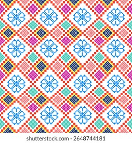 Seamless tribal pixel art pattern with bright colorful squares and traditional folk motifs. Perfect for embroidery designs, retro style projects, and cultural digital artwork.