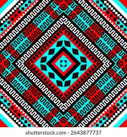 Um padrão de pixels tribais sem costura em azul-turquesa, vermelho e preto com um motivo de diamante central e intrincada simetria quadrada.