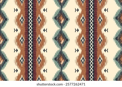 Seamless tribal rug pattern inspired by Ikat designs with geometric shapes and earthy tones, ideal for textile prints, wallpapers, interior decor, and traditional craftsmanship projects.