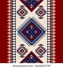 Seamless tribal textile pattern with bold diamond shapes on a deep red background. Inspired by Native American or Navajo designs, it features symmetrical geometric motifs in navy blue, beige, white, a
