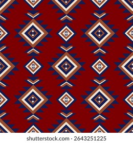 Seamless tribal textile pattern with bold diamond shapes on a deep red background. Inspired by Native American or Navajo designs, it features symmetrical geometric motifs in navy blue, beige, white 