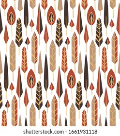 Seamless tribal texture with vertical boho feathers with native decorations in row on a white background. Vector flat texture for wallpapers, fabrics and your design.