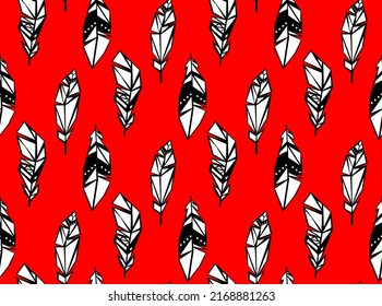 Seamless Tribal vector pattern, geometry feathers on red