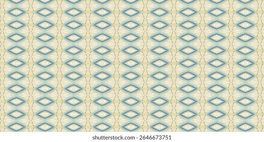 Seamless tribal-inspired abstract pattern with diamond shapes in blue and beige tones. Ideal for textile, wallpaper, and digital backgrounds.