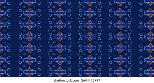 Seamless tribal-inspired design in rich blue and brown tones on a navy background, perfect for elegant textile or digital projects.