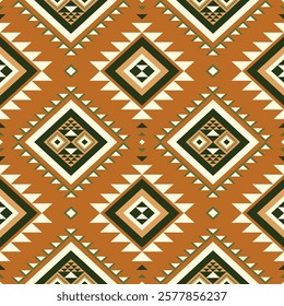 A seamless tribal-inspired geometric pattern featuring diamond shapes and intricate details in earthy tones of brown, beige, and green. Perfect for textiles, wallpapers, and cultural designs.