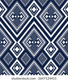 Um padrão geométrico ininterrupto inspirado em tribais na marinha e branco. Apresentando formas de diamante e trabalho de linha intrincado, ideal para têxteis de moda, decoração doméstica e impressões digitais.