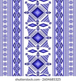 A seamless tribal-inspired pattern featuring intricate geometric motifs and symmetrical diamond shapes in elegant blue tones. This traditional ethnic design is influenced by cultural textiles 