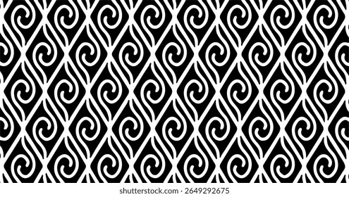 Um padrão tribal sem costura inspirado com formas em V espiraladas e arranjos em forma de diamante em contraste preto e branco.