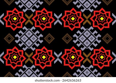 A seamless tribal-inspired pattern featuring traditional Thai Phrae Wa weaving motifs in vibrant pixel art style. Geometric red-orange flowers, white diamond shapes, and golden accents create a bold, 