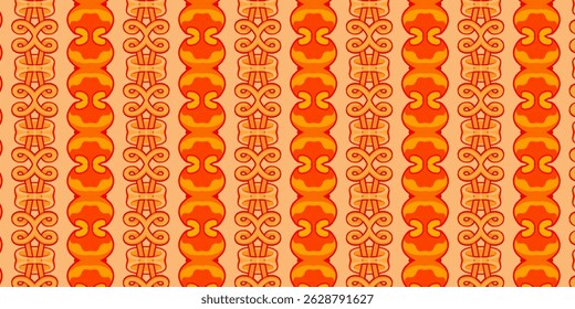 A seamless tribal-inspired pattern featuring warm tones of orange and red.