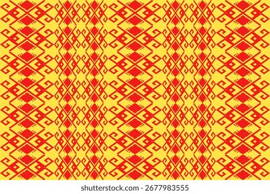 A seamless tribal-inspired pattern in red and yellow, featuring vertical stripes of geometric diamonds and hook motifs with a texture that mimics traditional ikat weaving.
