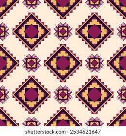 Seamless tribal-inspired pattern with repeating geometric diamond shapes, showcasing bold colors and a symmetrical design for decorative use