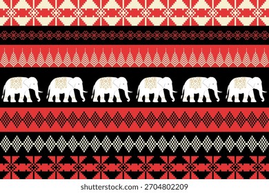 Patrón de estilo tribal sin fisuras con elefantes de marfil con mantas geométricas, dispuestas en filas con motivos étnicos rojos y crema sobre un fondo negro.