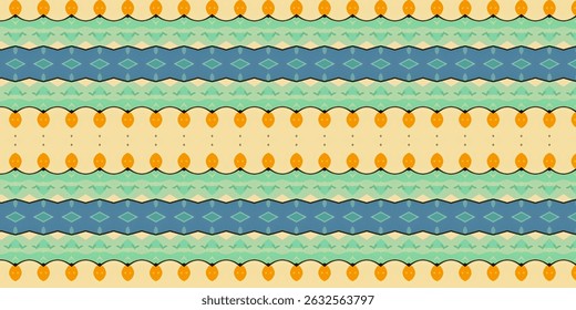 Un patrón de estilo tribal sin fisuras con tonos cálidos y terrosos, con filas simétricas de motivos naranjas, Elementos geométricos y fondo beige suave.