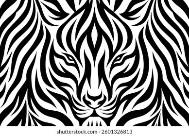 A seamless tribal-style tiger pattern featuring a hidden face formed by bold black and white stripes. A powerful and symmetrical vector design perfect for fashion, decor, and wild animal-inspired grap