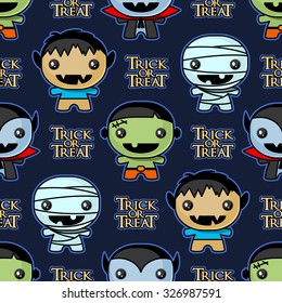 Seamless Trick or Treat background with cute Halloween characters