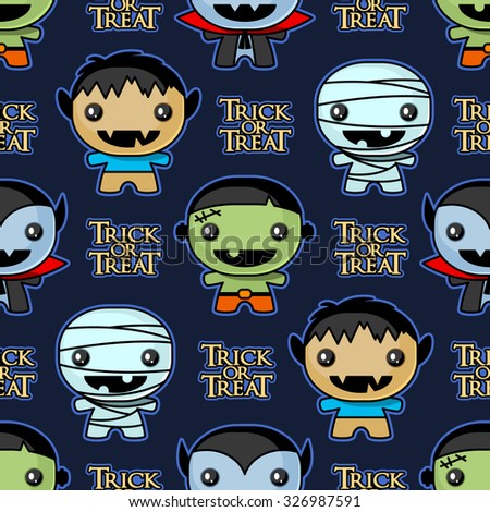 Seamless Trick or Treat background with cute Halloween characters